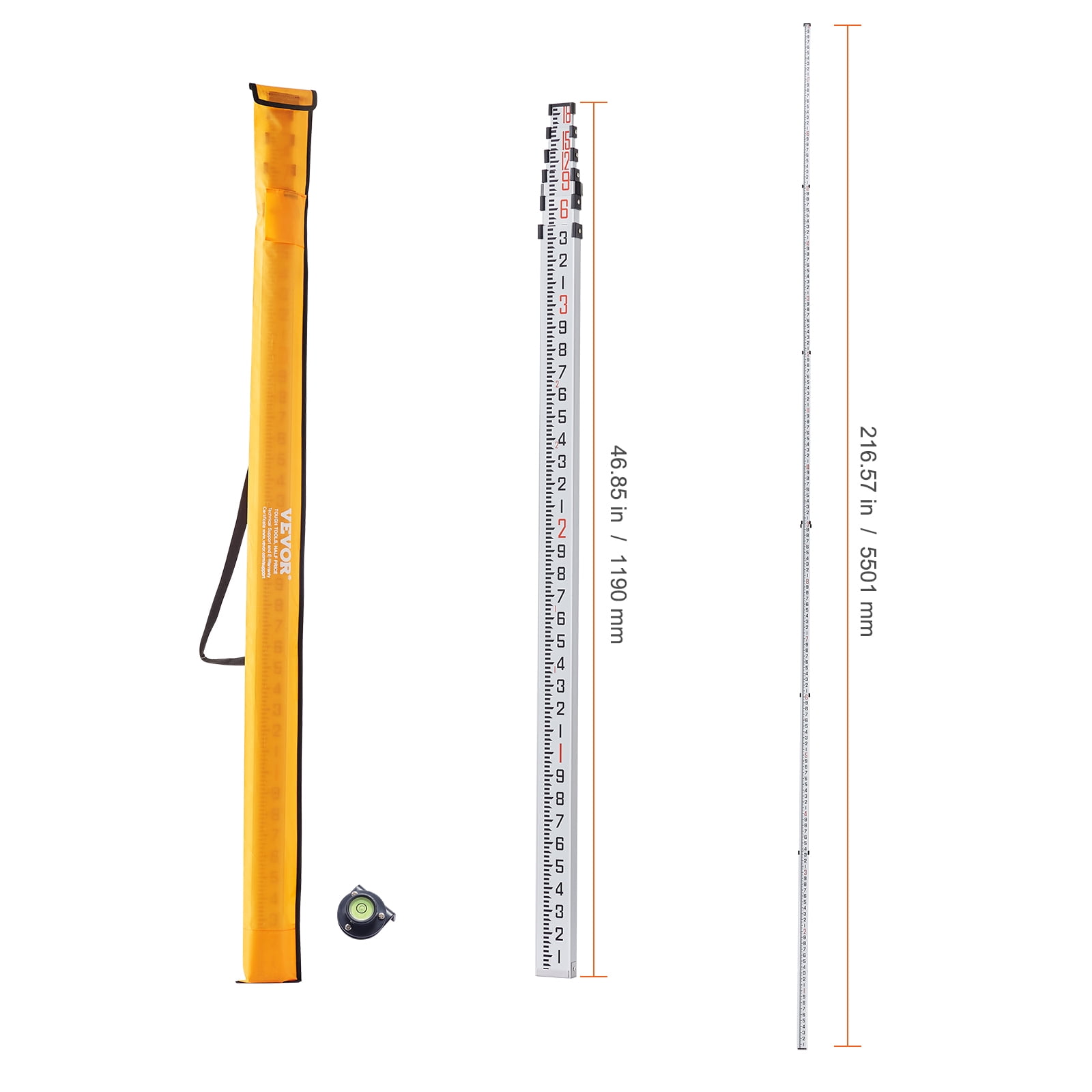 VEVOR Aluminum Grade Rod,18-Feet/10ths 6 Sections Telescopic Measuring Rod,Double-Sided Scale 1/10ft Leveling Rod Stick,Aluminum Alloy Survey Rod w/ Bubble Level &Carrying Bag for Houses,Walls,Floors