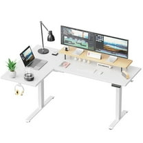 CHITOOMA L-Shaped Electric Standing Desk with Cable Tray, 63″ x 40″ Dual Motor Height Adjustable Sit to Stand Computer Desk with 3 Preset Heights, 2 Hooks for Home Office, White