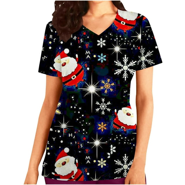 EGNMCR Blouse d'Uniforme de Travail Imprimée de Noël pour Femmes, Manches Courtes, Col en V, avec Poches, Costumes de Noël