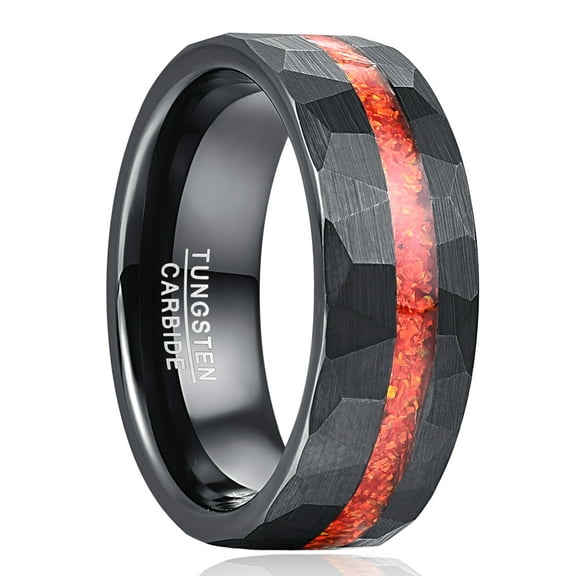 8mm Black Hammered Tungsten Carbide Ring for Men Inlaid Red Crushed Opal Wedding Band Comfort Fit