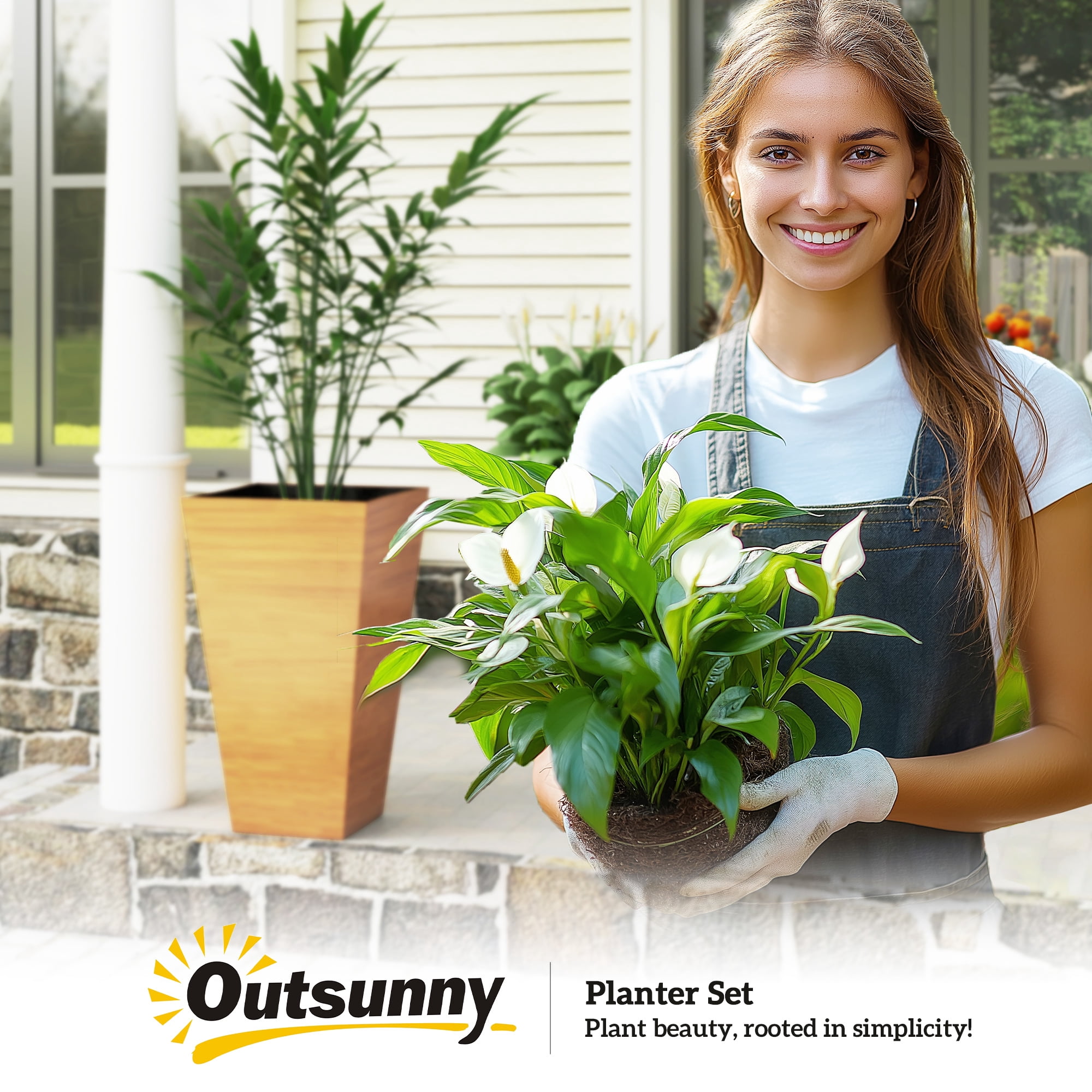Set of 3 Tall Planters, 28" Outdoor Planter w/ Drainage Holes, Faux Wood Plastic Flower Pots, Light Brown
