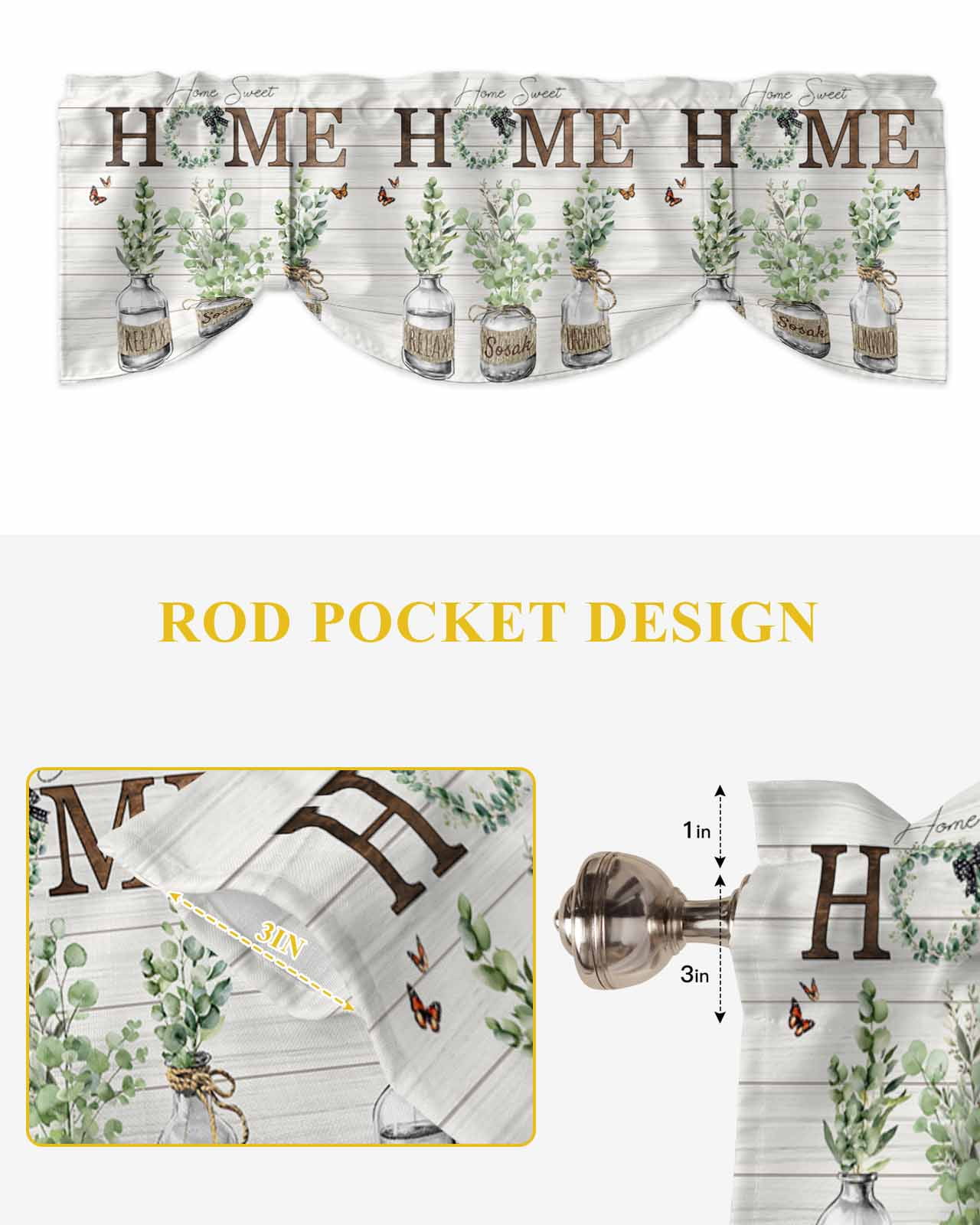 Farmhouse Tie Up Valances Curtain, Adjustable Kitchen Home Sweet Home Green Eucalyptus Wood Grain Valances for Windows Decor, Rod Pocket Short Curtains Set for Bedroom/Bathroom, 60"x18"
