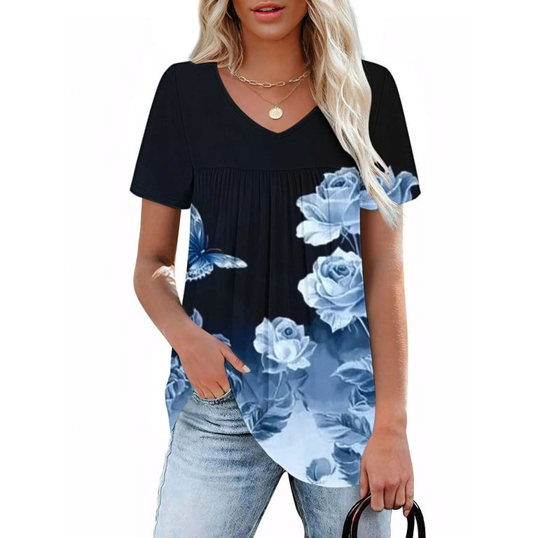 V Neck Summer Top Women's Boho Floral Tunic Top - Casual Short Sleeve V-Neck Blouse For Summer Short Sleeve Tunic