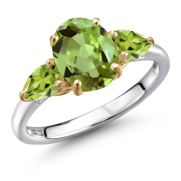 Gem Stone King 925 Silver and 10K Yellow Gold Green Peridot Engagement Ring for Women | 2.93 Cttw | Oval 9X7MM | Gemstone August Birthstone | Size 9