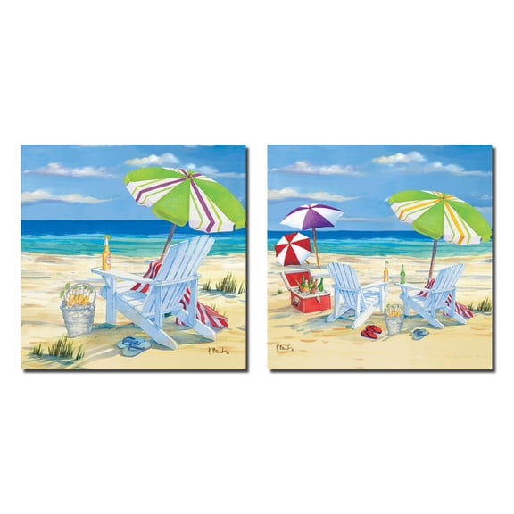 5 o'clock Beach -Fun Beach Scene Adirondack Chairs, Umbrella, Icechest of Beers Oceanside; Two 12x12in Poster Prints