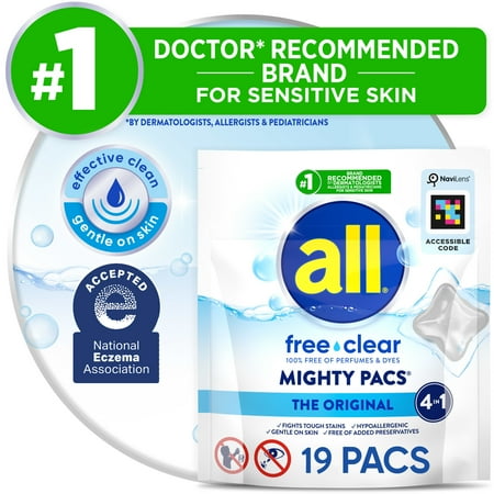 All Mighty Pacs Laundry Detergent Pacs, Free Clear For Sensitive Skin, Unscented And Dye Free, 19 Count