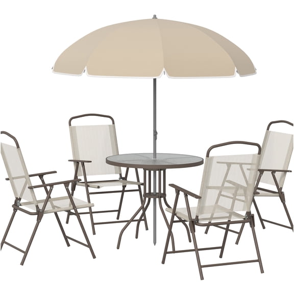 JERFIT 4-Person Outdoor Patio Dining Set with Umbrella, Folding Chairs & Tempered Glass Table, All-Weather Beige Steel Furniture for Garden, Backyard, Poolside