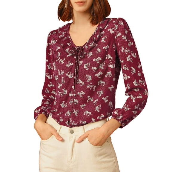 MODA NOVA Junior's Floral Ruffle Tie V Neck Button Down Blouse Plum M