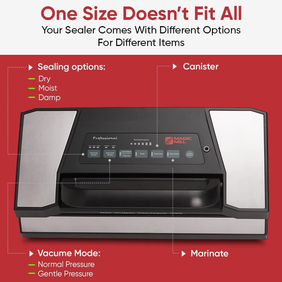 Magic Mill Professional Vacuum Sealer, Bag Sealer with Complete Starter Kit, Multi-Mode Food Preservation and Easy Lock Handle Vacuum Sealer Machine
