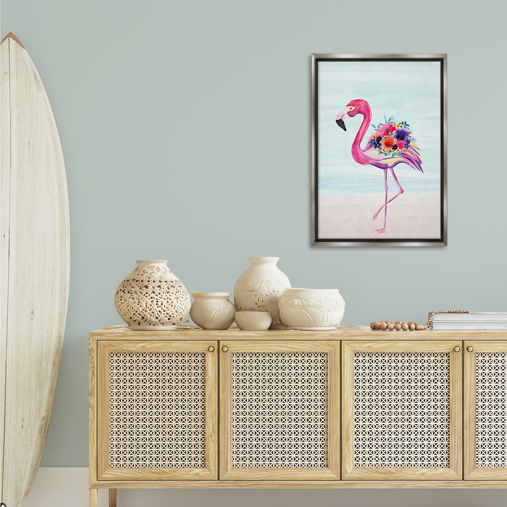 Stupell Industries Floral Flamingo Beach Plants & Flowers Painting Gray Floater Framed Canvas Art Print Wall Art, 21 x 31