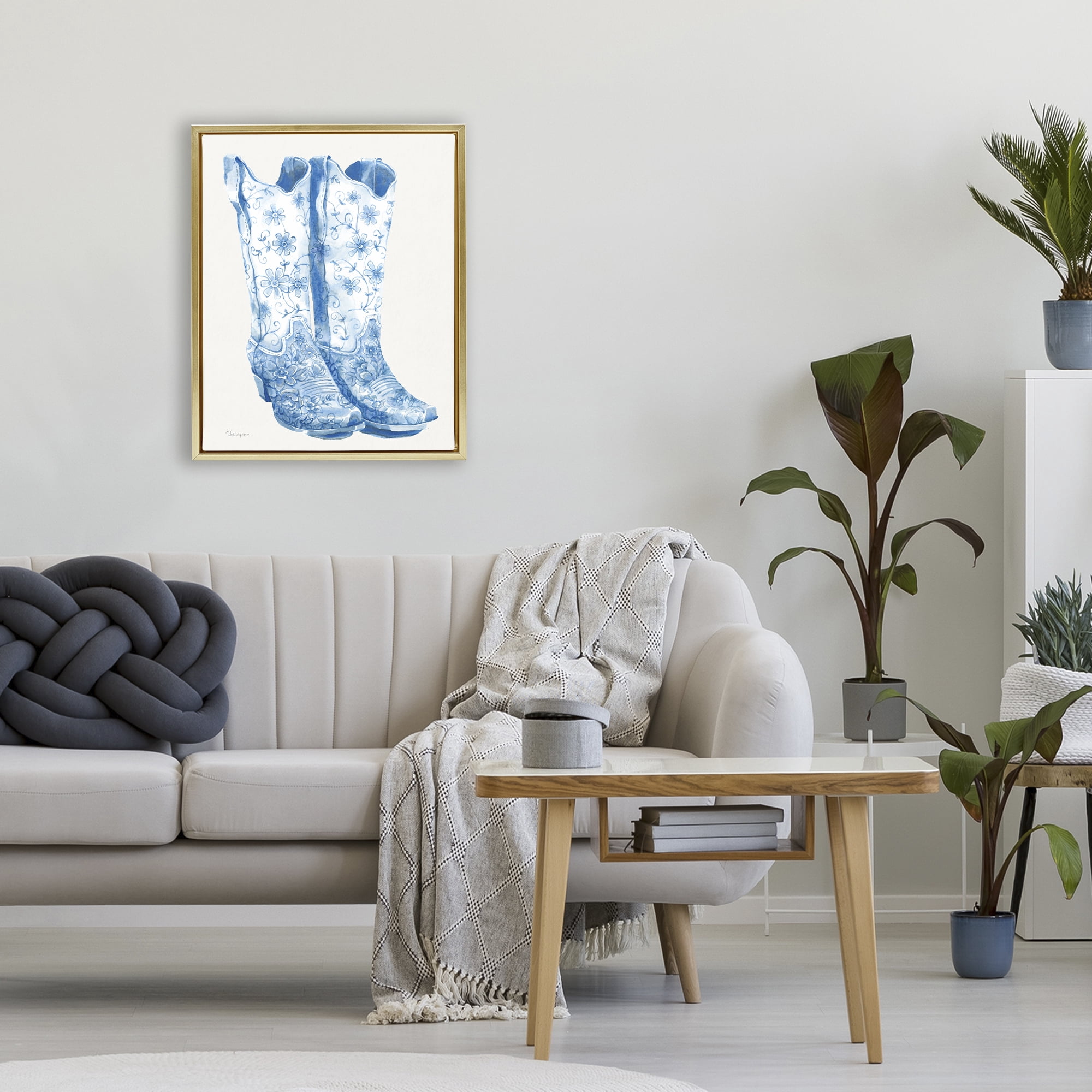 Stupell Industries Blue Boots with Floral Embroidery Gold Framed Floater Canvas Wall Art, design by Beth Grove