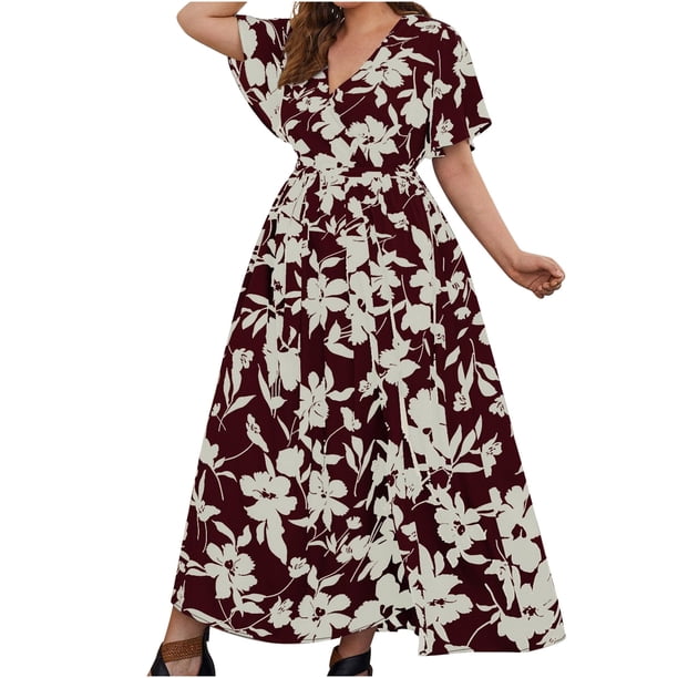 Vestido de talla grande con estampado suelto de manga corta con cuello en V de verano a la moda Sexy para mujer Pompotops ghjkhdj17669
