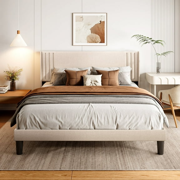 Quiet Full Platform Bed Frame with Headboard, Tool-Free Setup, Sturdy 850lb Support & Under Bed Storage, Beige