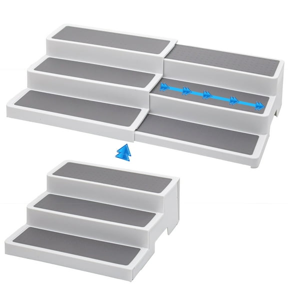 Spice Rack Organizer 3-Tier Adjustable Expandable Step Shelf – Non-Slip Kitchen, Pantry & Cabinet Storage 9.5 to 17.5", White/Grey