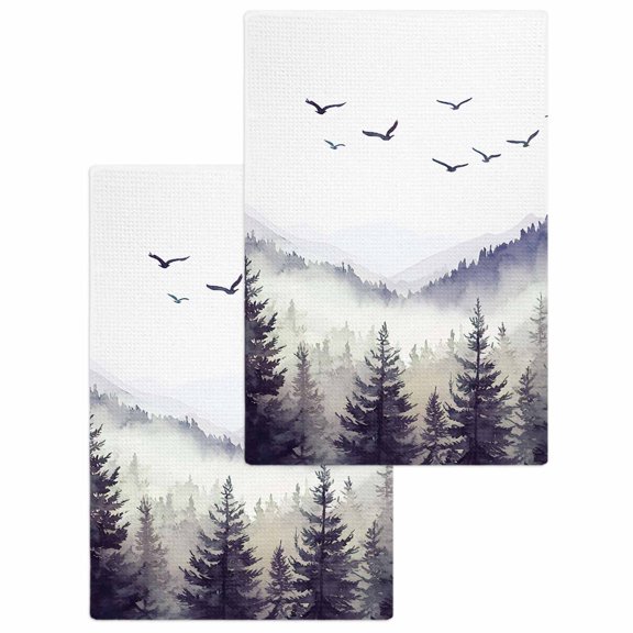 Purple Foggy Forest Kitchen Dish Towels for Drying Dishes Set of 2, Country Mountain Birds Pine Trees Waffle Weave Microfiber Hand Tea Bathroom Towels Quick Dry & Absorbent Towel 15.7x23.6