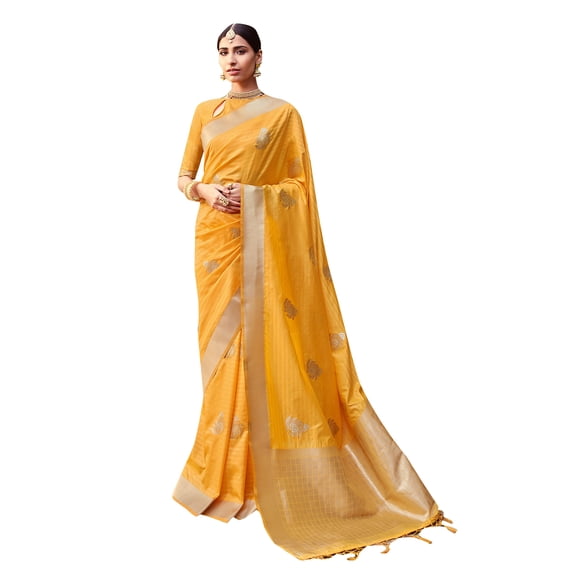 Sarees for Women Cotton Art Silk Woven Saree ||Ethnic Traditional Indian Wedding Gift Sari with Unstitched Blouse Yellow