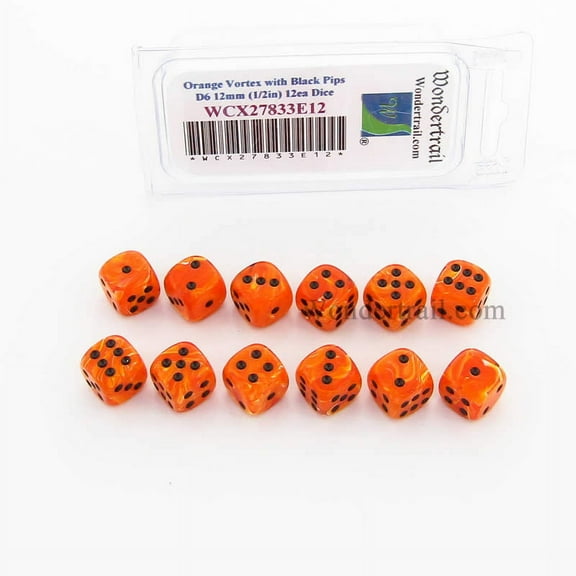 Orange Vortex Dice with Black Pips 12mm (1/2in) D6 Pack of 12 Wondertrail