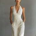 thumbnail image 5 of JULMCOMO Jumpsuits for Women Halter Deep V Neck Open Back Slim Fit Summer Outfits Sleeveless Straight Leg Dressy Jumpsuits with Pockets White S, 5 of 6