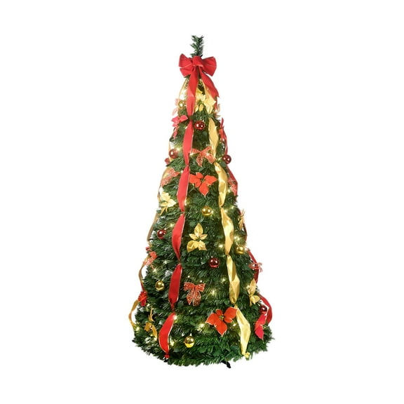 Pre Decorated Christmas Tree with Lights, Prelit Collapsible Christmas Tree, Full Decorated 6 ft Artificial Xmas Tree, Red & Gold Ribbon Flower Ball Ornaments-Home Decor Foldable Trees Lights Green