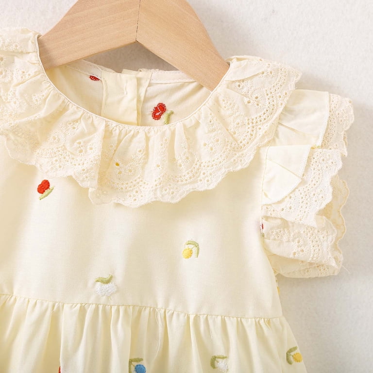 WRKEKC Girls Dresses Summer Short Sleeve Peter Pan Collar Cotton Dress with Floral  Embroidery Ruffled Sleeves for 6-24 Months Infants - Walmart.com