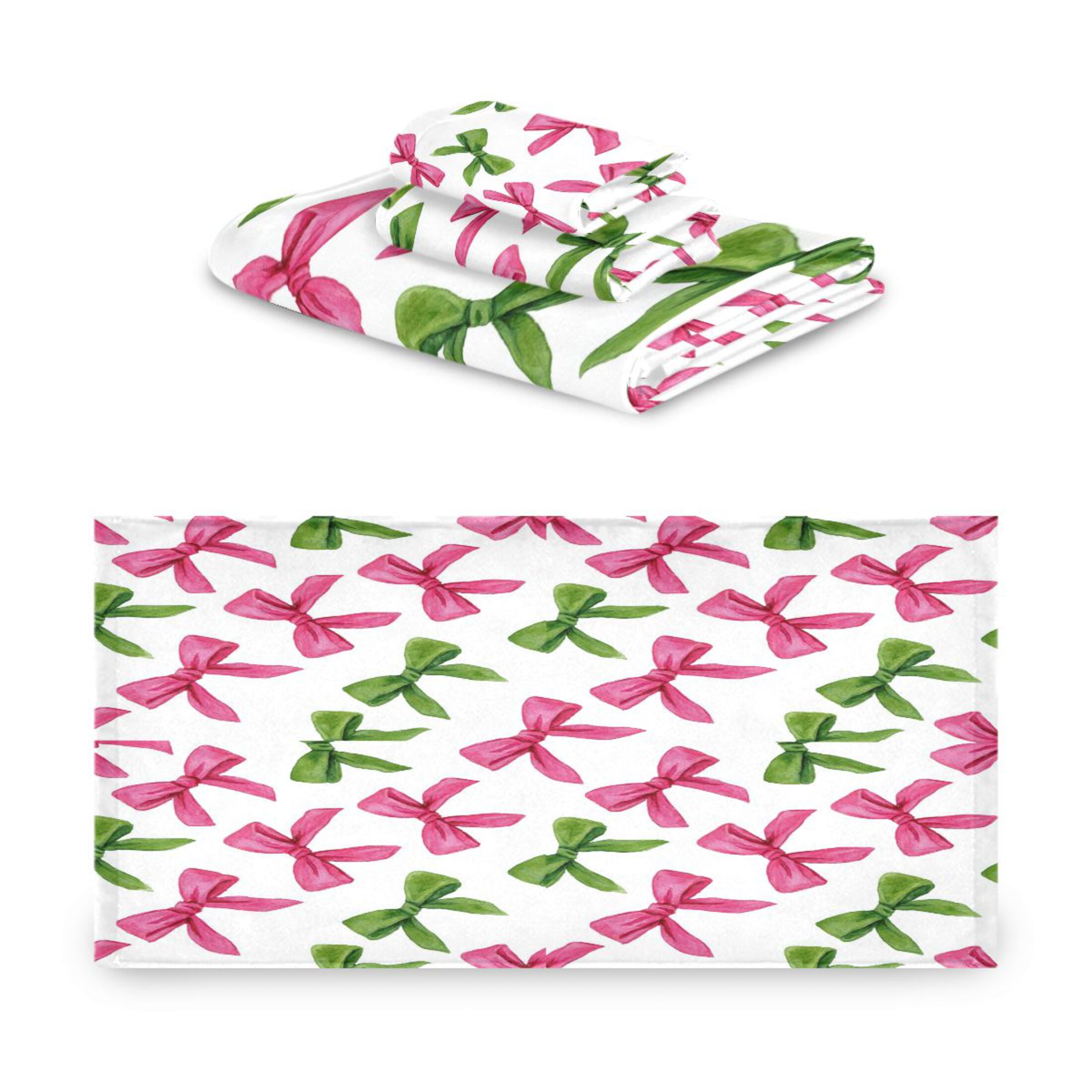 3 Piece Bath Towels Set Bath Towel, Hand Towel and Face Towel for Bathroom, Gym, Hotel Pink Bows and Green Ribbons