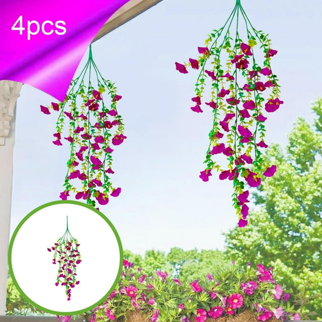 Enredaderas colgantes artificiales de campanilla | Guirnalda de flores artificiales con hojas verdes (paquete de 4)