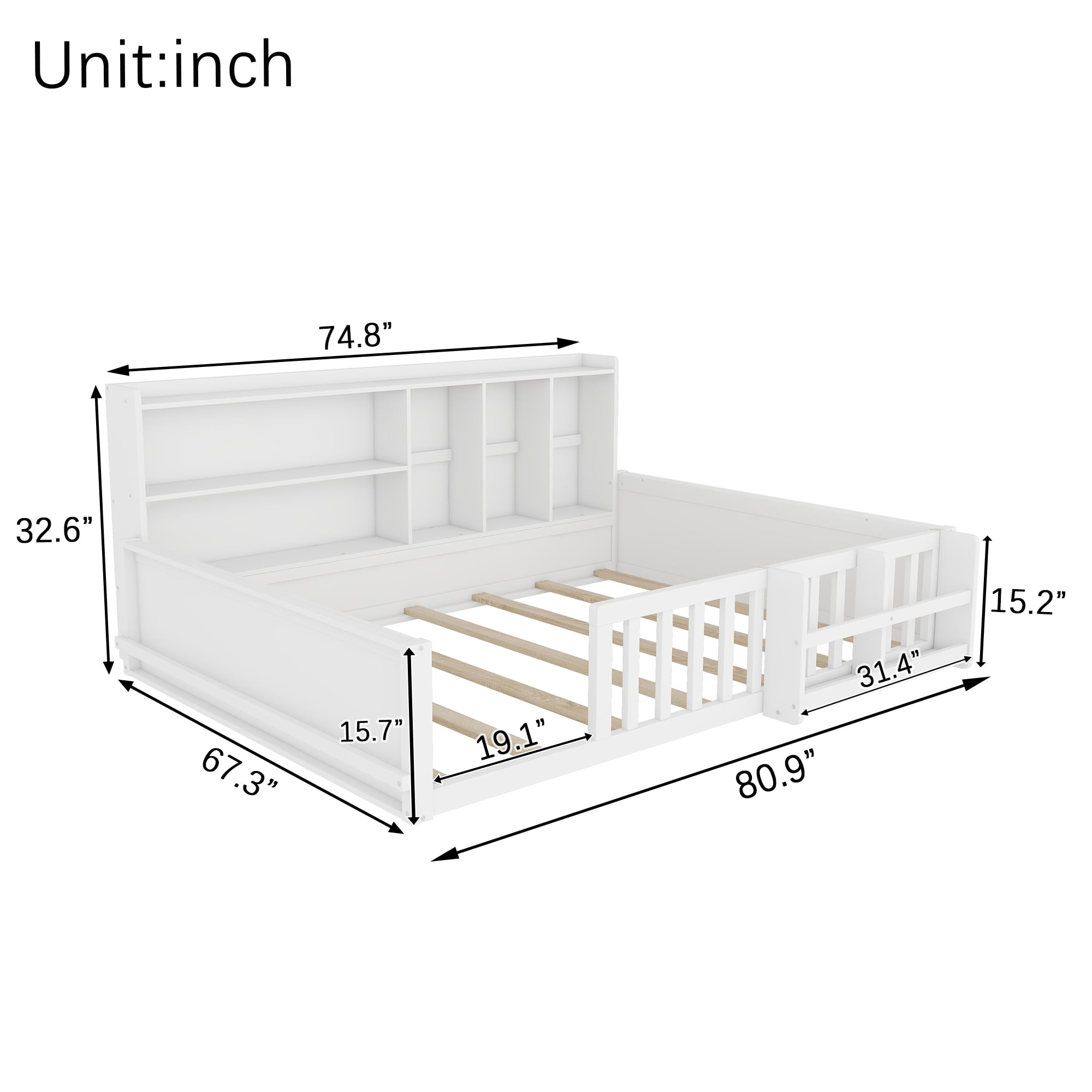Mintazer Full Size Montessori Floor Bed with Bookshelf & Guardrails, Kids Platform Bed Frame with Storage Cubbies for Bedroom, White