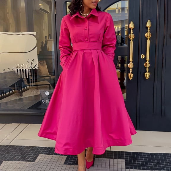 AURA Plus Size Lapel A Line Midi Dress Long Sleeve Button Front Belted High Waist Large Swing Elegant Fall Dress