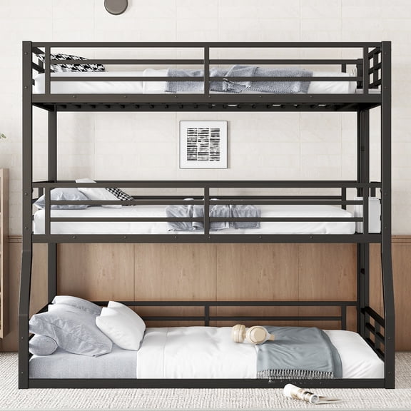 QZYeYun Full/Full XL over Full/Full XL over Queen Bunk Bed, Metal Triple Bunk Bed with Safety Guardrails, Heavy-duty Bunk Bed with Noise-reduced Design, Black