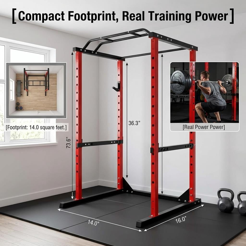 Tanfengu 1200LBS Power Cage Squat Rack, Heavy-Duty Steel Power Rack with Adjustable Safety Bars & Pull-Up Bar, for Home Gym Strength Training（Red）