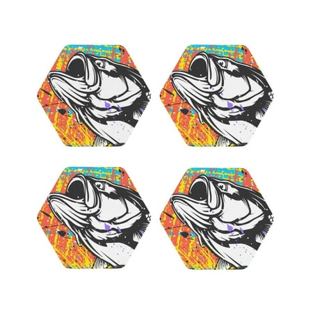 

Picia Fishing Bass Printed Leather Coasters for Drinks 4 Drink Coasters Set of 4 for Tabletop Protection Handmade Luxurious Home Décor and Housewarming Gift-Hexagon