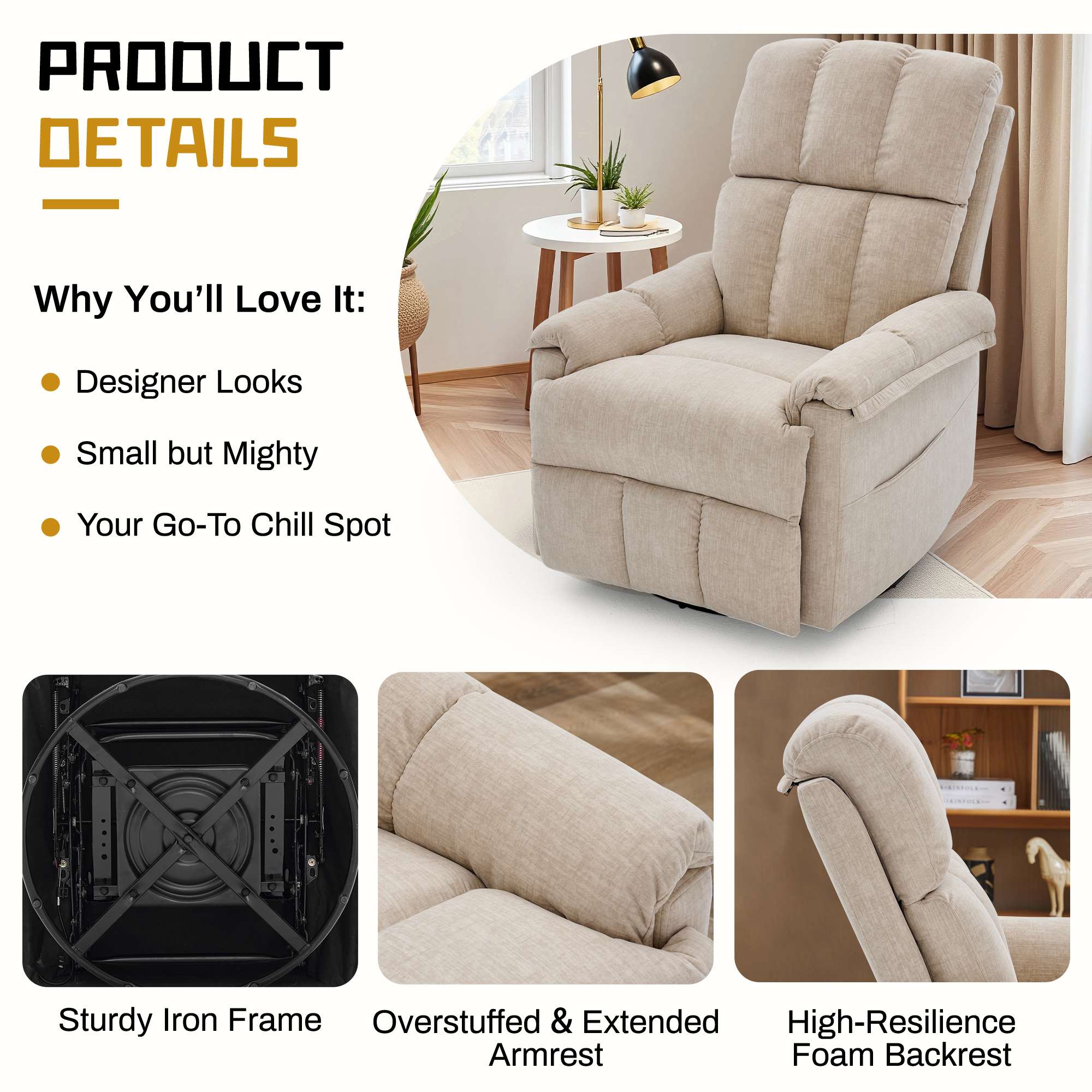 Korser 360°Swivel Recliner Chair for Adults with Side Pockets,Small Rocking Recliner for Small Spaces for Living Room,Nursery,Khaki
