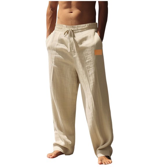 Dagegui Wide Leg Pants for Men Casual Elastic Waist Linen Pant Summer Solid Color Beach Vacation Trousers with Pockets Khaki S