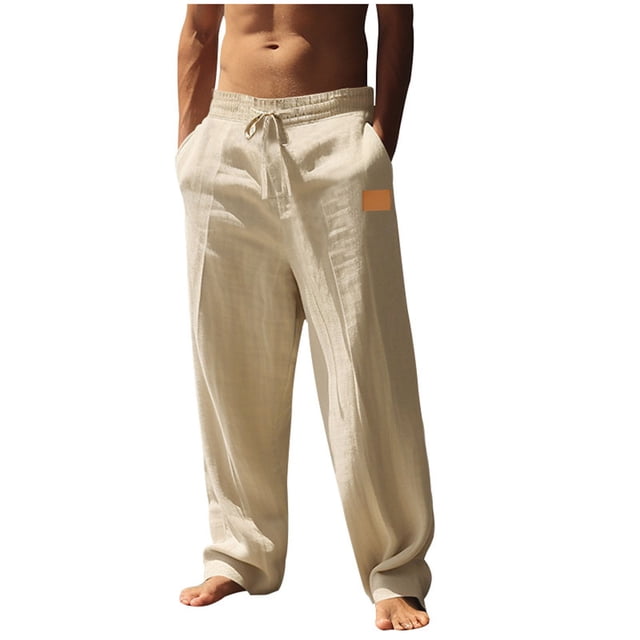 Khaki Man Straight Leg Basic Long Leg Pants for Mens Faux Gauze Linen Work Wild Cargo Modest Lounge Uniform Going Out Fall Summer Pants 2025 Clothes Regular Fit L