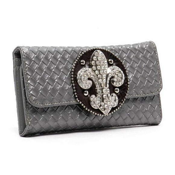 Rhinestone Bling Woven Fleur De Lis Trifold Wallet - Pewter