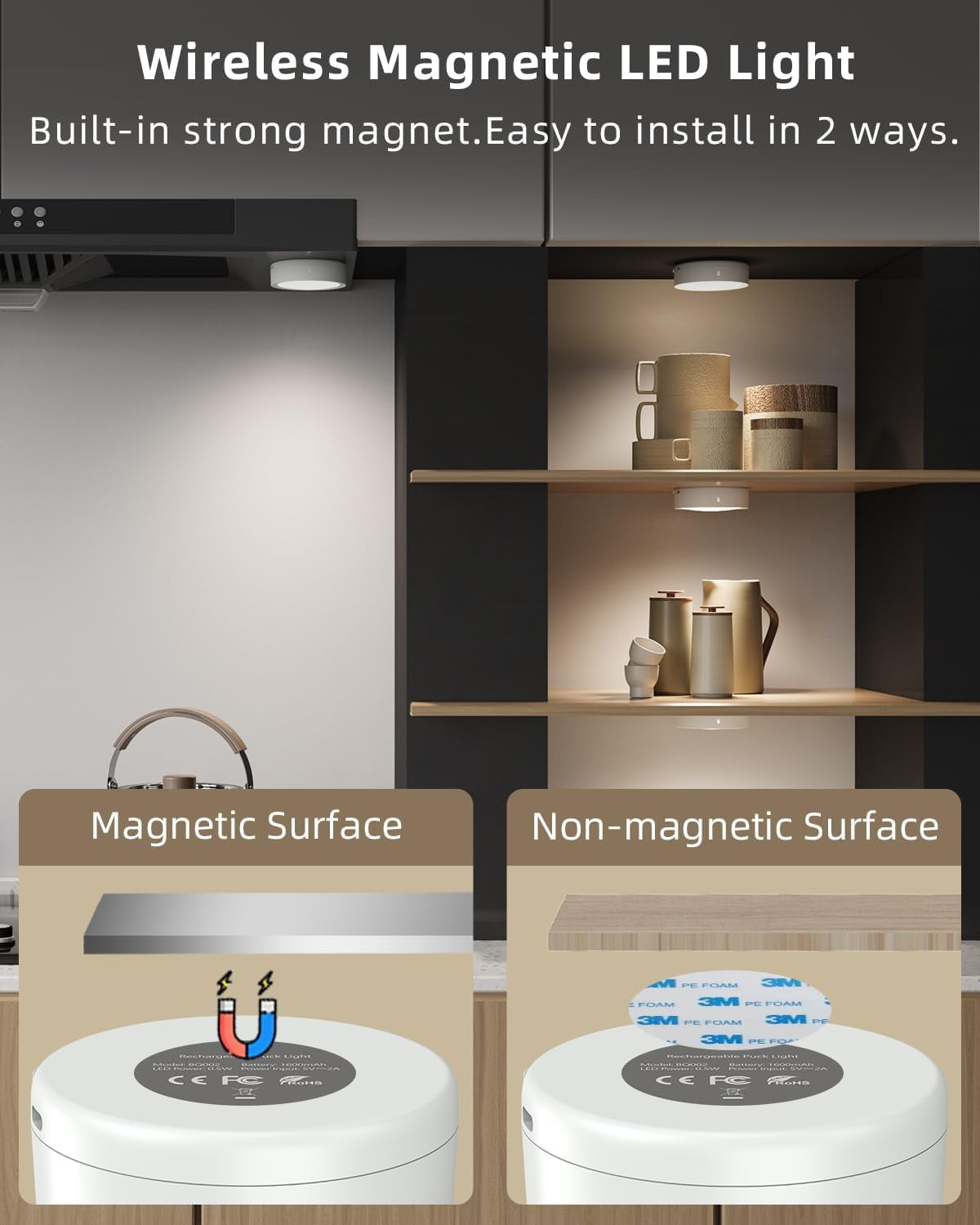 Rechargeable Puck Lights with Remote Control, 2400mAh Battery Operated Tap Light LED Stick On Lights for Closet Magnetic Night Light USB Display Shelf Lights Kitchen Under Cabinet Lighting Wireless