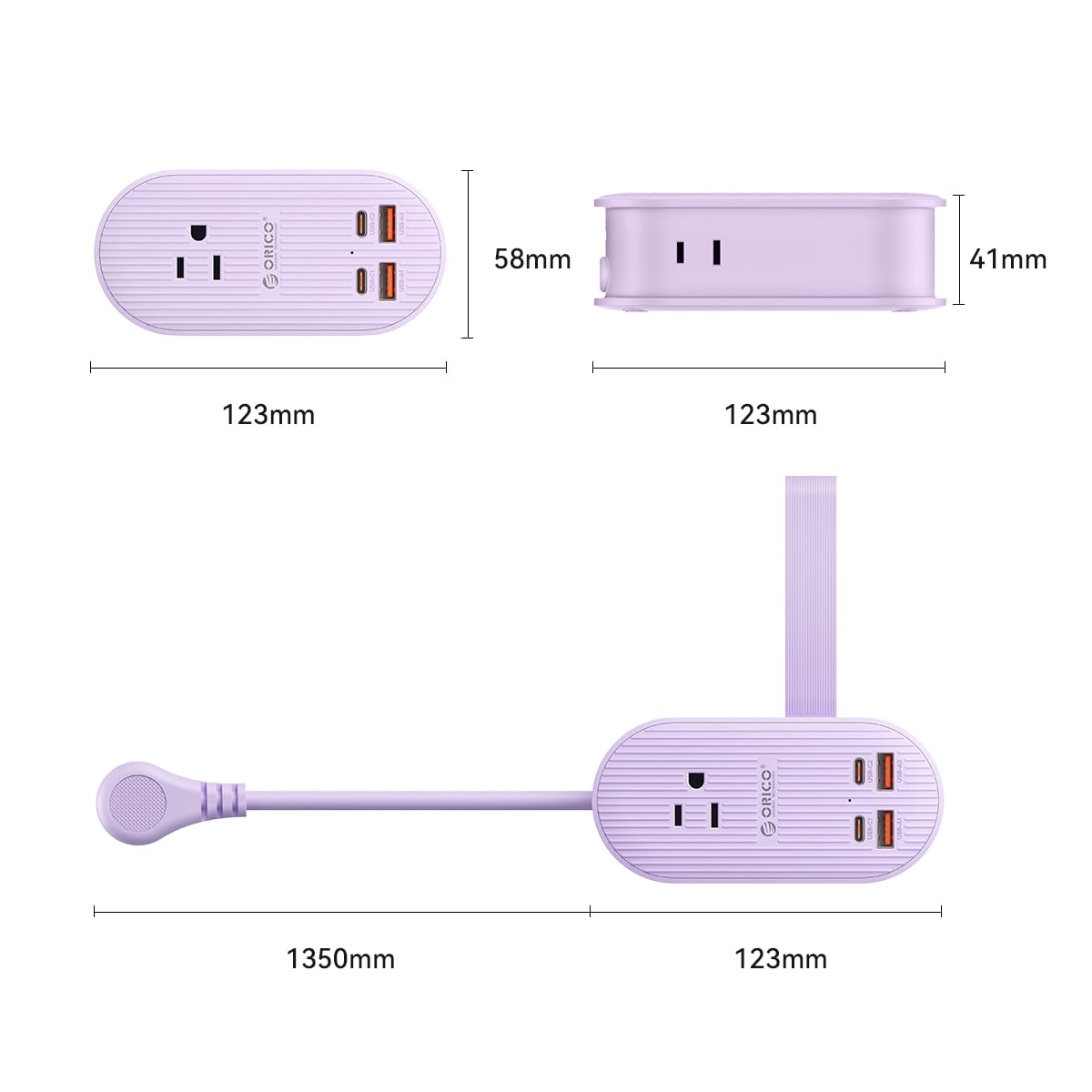 ORICO 65W USB Travel Power Strip, 7 in 1 Charging Station with 3AC, 2 USB-A, 2 USB-C, Flat Plug and 4ft Thin Extension Cord, Fast Charger for MacBook, iPad, iPhone(65W,PURPLE)