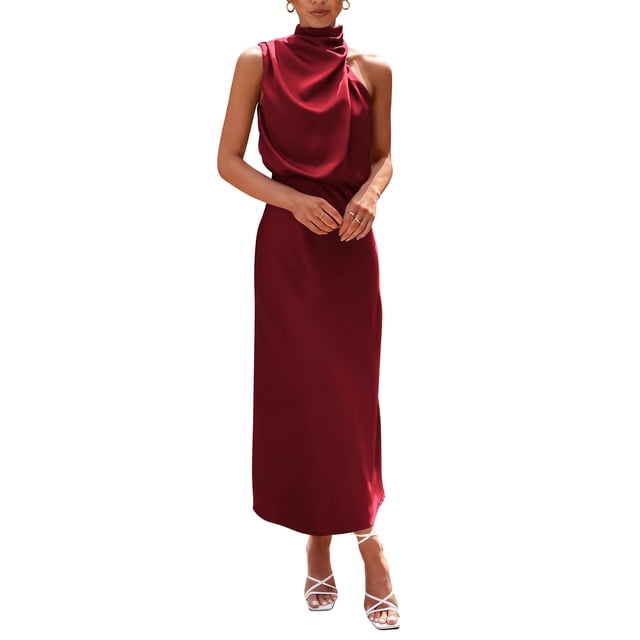 Vestido PRETTYGARDEN Satén sin Mangas con Cuello Simulado Maxi Vino Oscuro Talla L