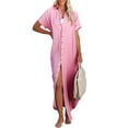 thumbnail image 2 of Women Swimsuit Cover Up Dress Short Sleeve Side Split Button Down Long Shirt Dress Cardigan Maxi Beach Dress, 2 of 9