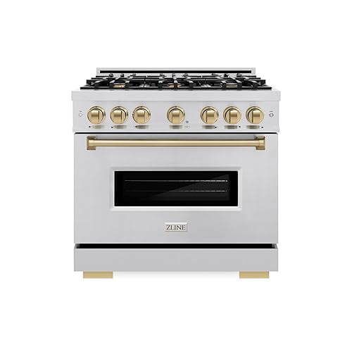 ZLINE Autograph Edition 36 in. 5.2 cu. ft. Classic Dual Fuel Range with 6 Burner Gas Cooktop and Electric Convection Oven in Stainless Steel with Champagne Bronze Accents (CDRZ-36-CB)