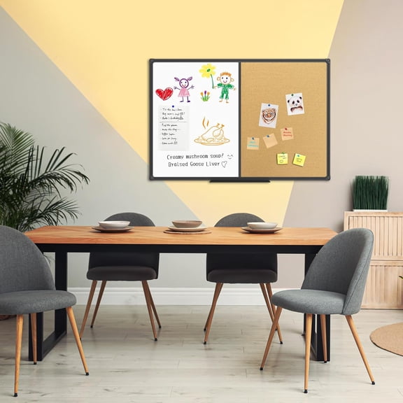 White Board & Bulletin Corkboard Combination, Combo Board 36 x 24 Magnetic Whiteboard, Black Aluminum Frame Wall Mounted Board for Office Home and School with 10 Push Pins