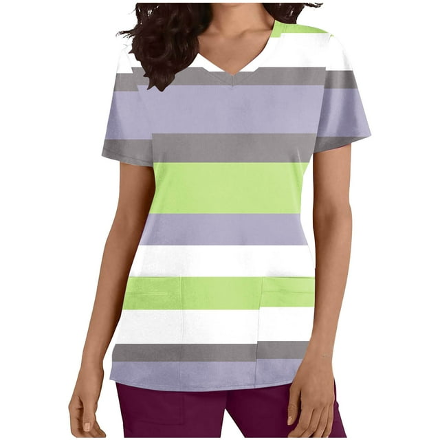 Vestido Corto para las Mujeres con Cuello en V Imprimir Manga Corta Bolsillo Enfermera Top, Poliéster Ligero para el Hogar Diario Y Desgaste Casual