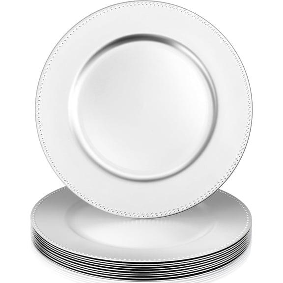 10 Pack Charger Plates Bulk, 13 Inch Silver Plastic Charger Plates, Plastic Round Plate Chargers for Wedding, Party, Dinner, Event Table Setting, Elegant Tabletop Decoration