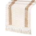 thumbnail image 1 of Camino de mesa rústico de 72 pulgadas de largo con borlas para decoración del hogar, estilo granja, de arpillera de macramé color crema y marrón, decoración de mesa otoñal para sala de estar,, 1 of 5