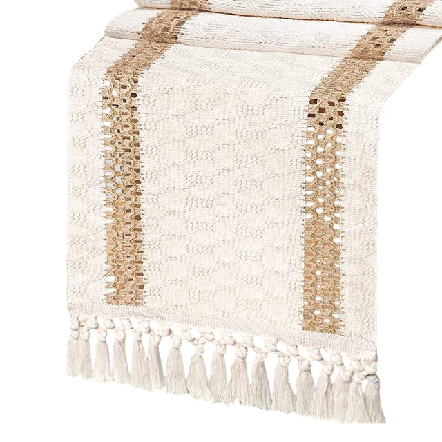Camino de mesa rústico de 72 pulgadas de largo con borlas para decoración del hogar, estilo granja, de arpillera de macramé color crema y marrón, decoración de mesa otoñal para sala de estar,