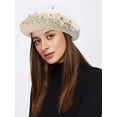 thumbnail image 2 of Womens Beret Hat Pearl Rhinestone Wool Winter Warm Beanies Hat French Artist Hats, 2 of 5