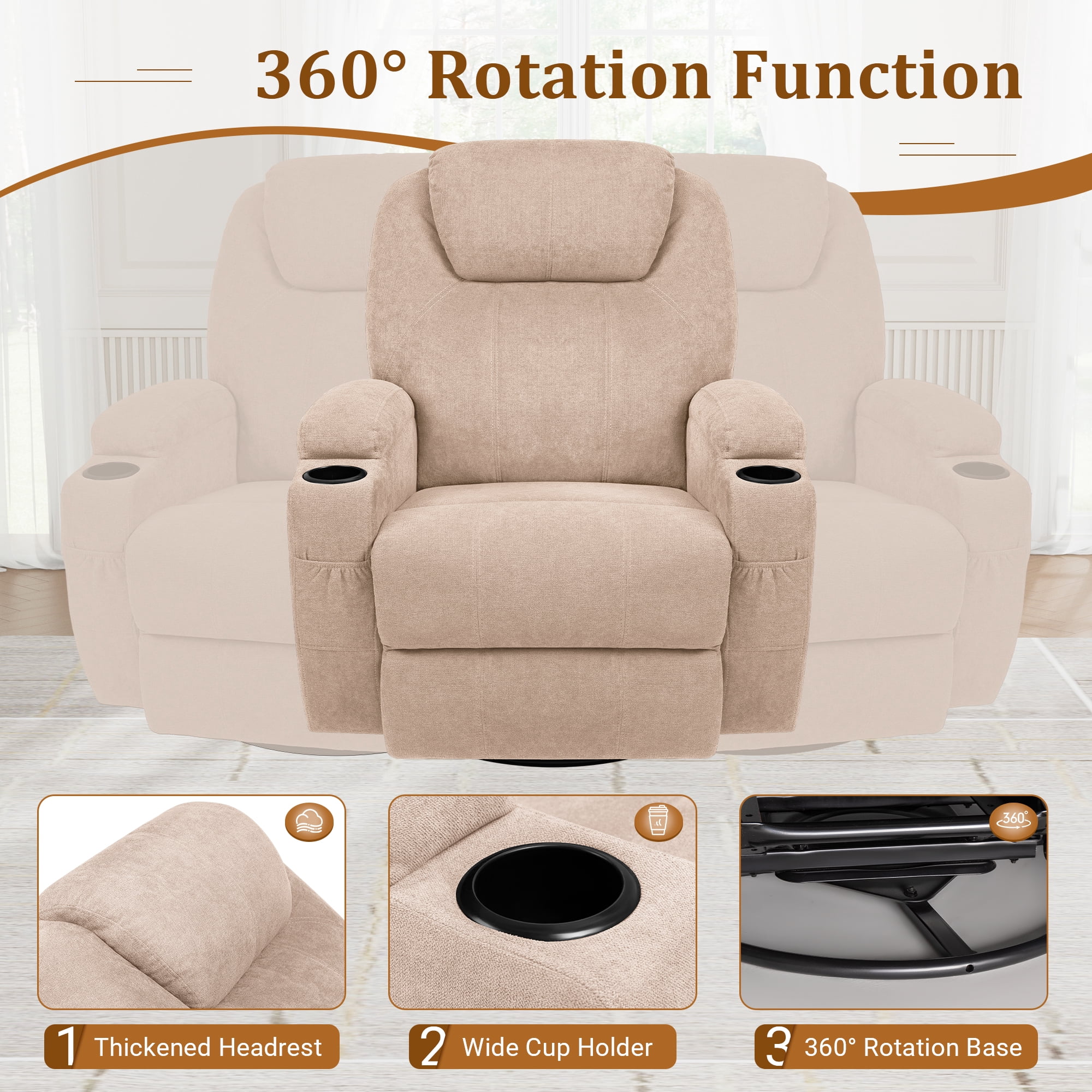 Vineego Fabric 360° Rotation Recliner with Heat & Vibration,Beige