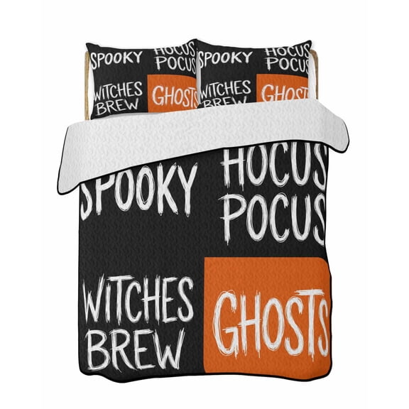 Quilts King Size Bedding Set, Halloween Lightweight Quilted Comforter, Fall Horror Letters Spooky Ghosts Black Orange Soft Reversible Bedspread Coverlet with Pillow Covers for All Season, 96" x 106"
