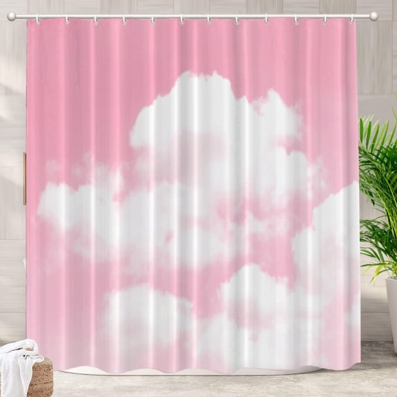 Pink Modern Cloud Decor Shower Curtain,Kawaii Bathroom Decor Polyester Fiber Plastic Rings Quick-Drying Waterproof for Bathtubs/Bathroom, 72x72 inches