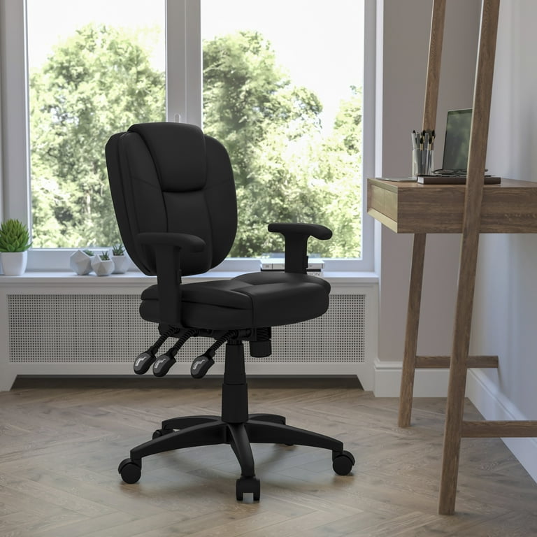 Mid-Back Black Fabric Multifunction Swivel Ergonomic Task Office Chair with  Pillow Top Cushioning and Arms